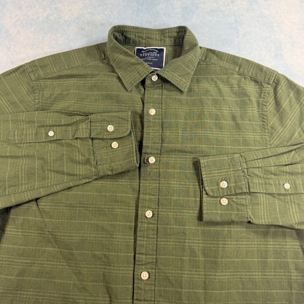 Charles Tyrwhitt Button Up Shirt Mens L Green Excellent‎ Slim Fit Striped Cotton